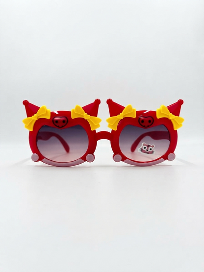 Kids round cat-ear sunglasses with yellow bows on red frames
