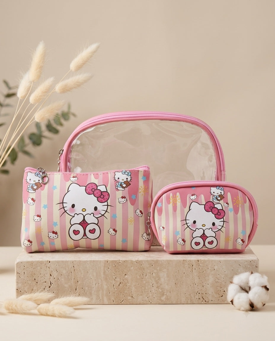 Nested clear cosmetic pouch set with Hello Kitty character print in pink and purple