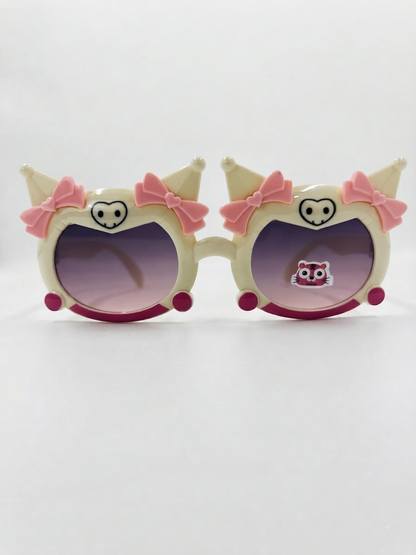 Kids round cat-ear sunglasses with pink bow accents and cream frames