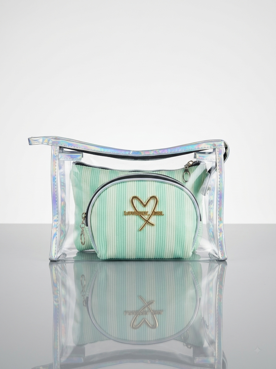Transparent cosmetic bag set with mint green striped zip pouch and gold heart bow logo