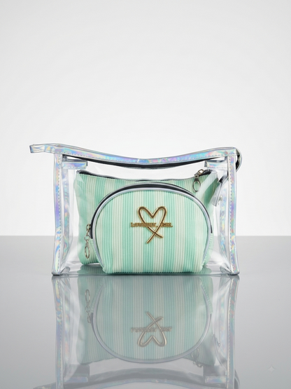 Transparent cosmetic bag set with mint green striped zip pouch and gold heart bow logo