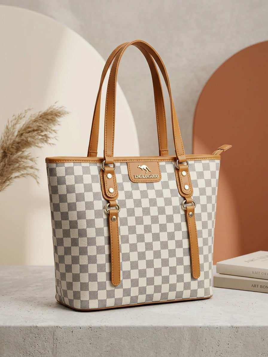 Structured tote bag with gray-and-white checkerboard pattern and tan leather trim