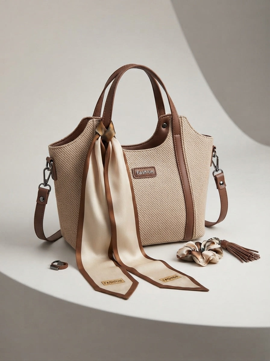 Beige structured top-handle tote with scarf and tassel charm accents, shoulder strap included