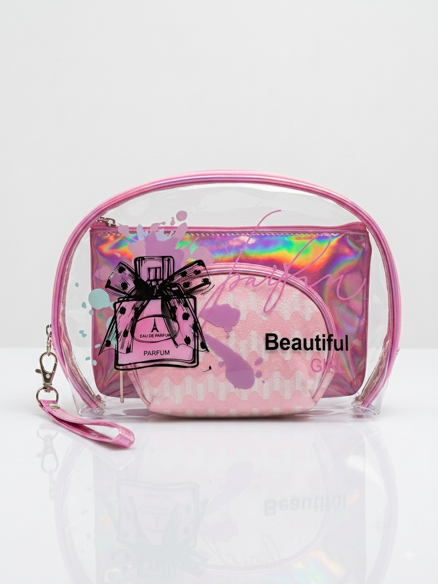 Pink transparent cosmetic pouch with iridescent finish and 'Beautiful' perfume graphic