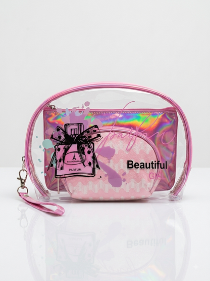 Pink transparent cosmetic pouch with iridescent finish and 'Beautiful' perfume graphic
