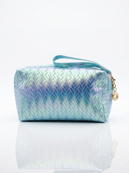 Iridescent woven makeup pouch in light blue with zipper, braided pattern and wrist strap