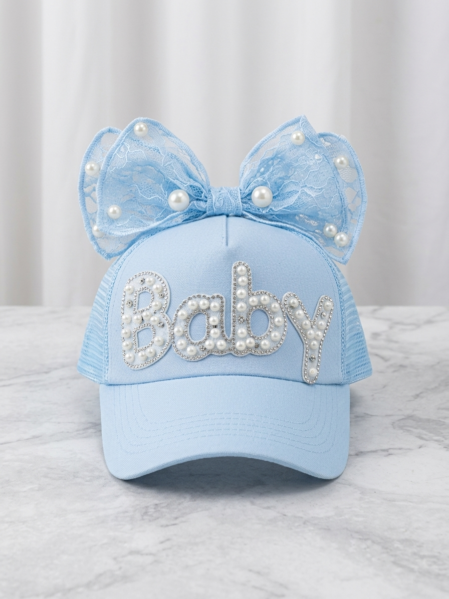 Kids light blue trucker cap with pearl bow and rhinestone 'Baby' lettering