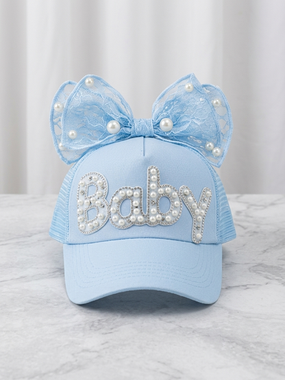 Kids light blue trucker cap with pearl bow and rhinestone 'Baby' lettering