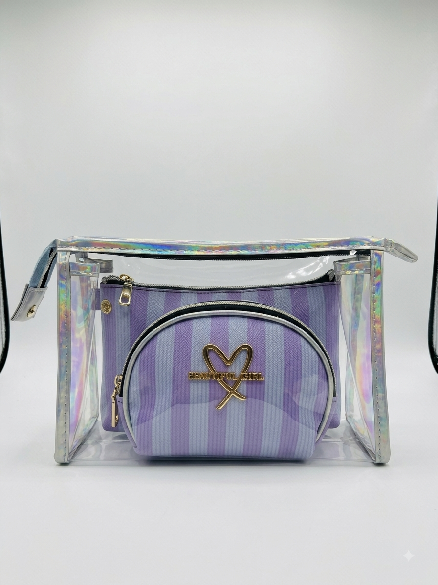 Transparent cosmetic bag set with lavender striped zip pouch inside clear organizer