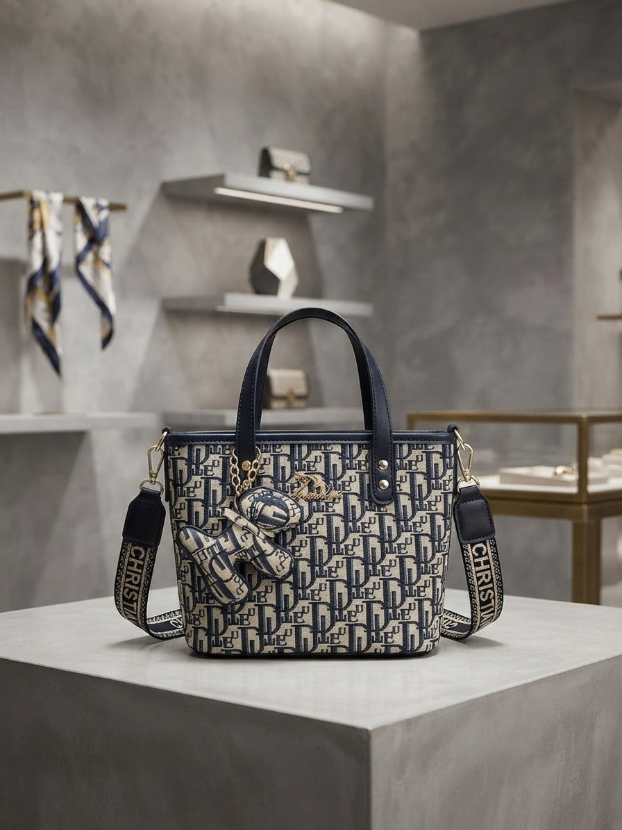 Structured monogram print tote bag with attached mini pouch charm; navy and black