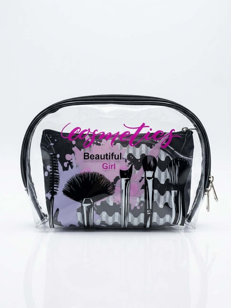 Transparent cosmetic pouch with black zipper, iridescent look, 'cosmetics' pink print