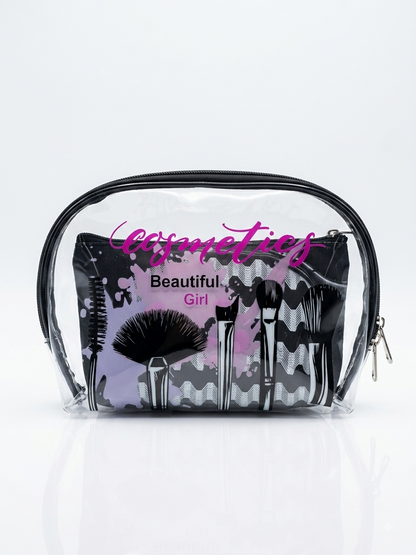 Transparent cosmetic pouch with black zipper, iridescent look, 'cosmetics' pink print