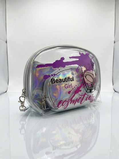 Clear silver transparent cosmetic pouch with purple splatter and 'Beautiful Cosmetics' text