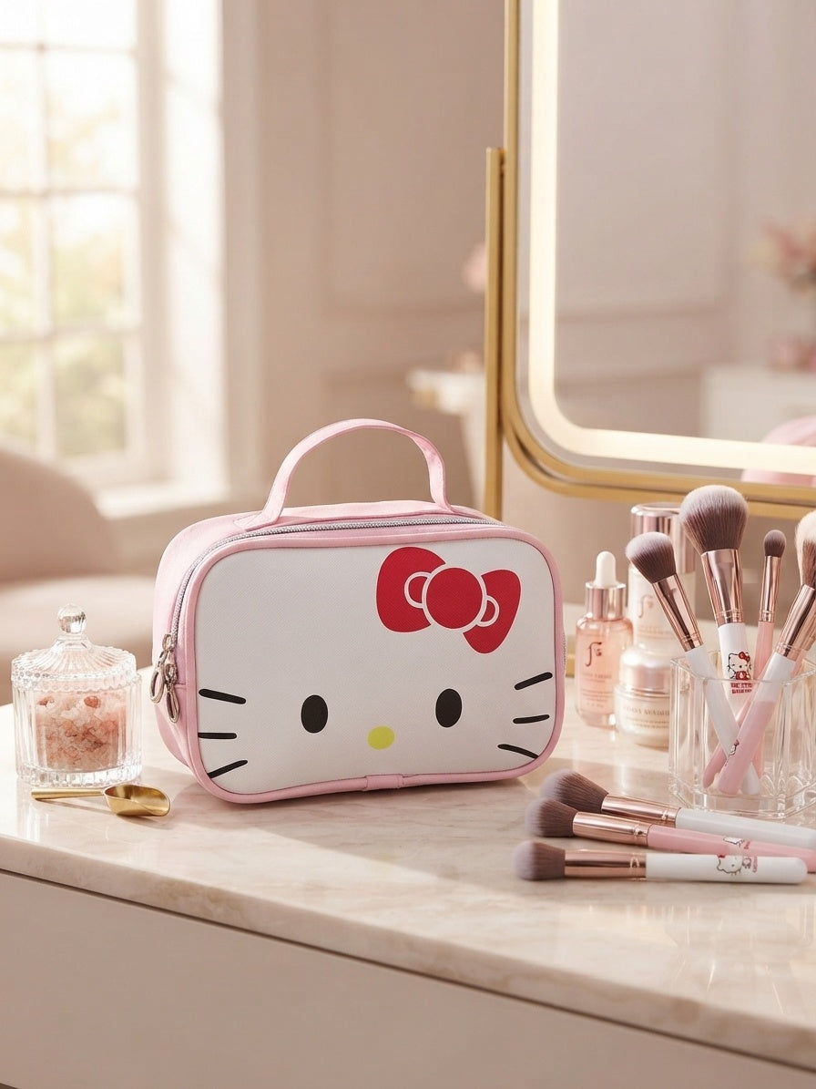 White and pink Hello Kitty cosmetic pouch with top handle