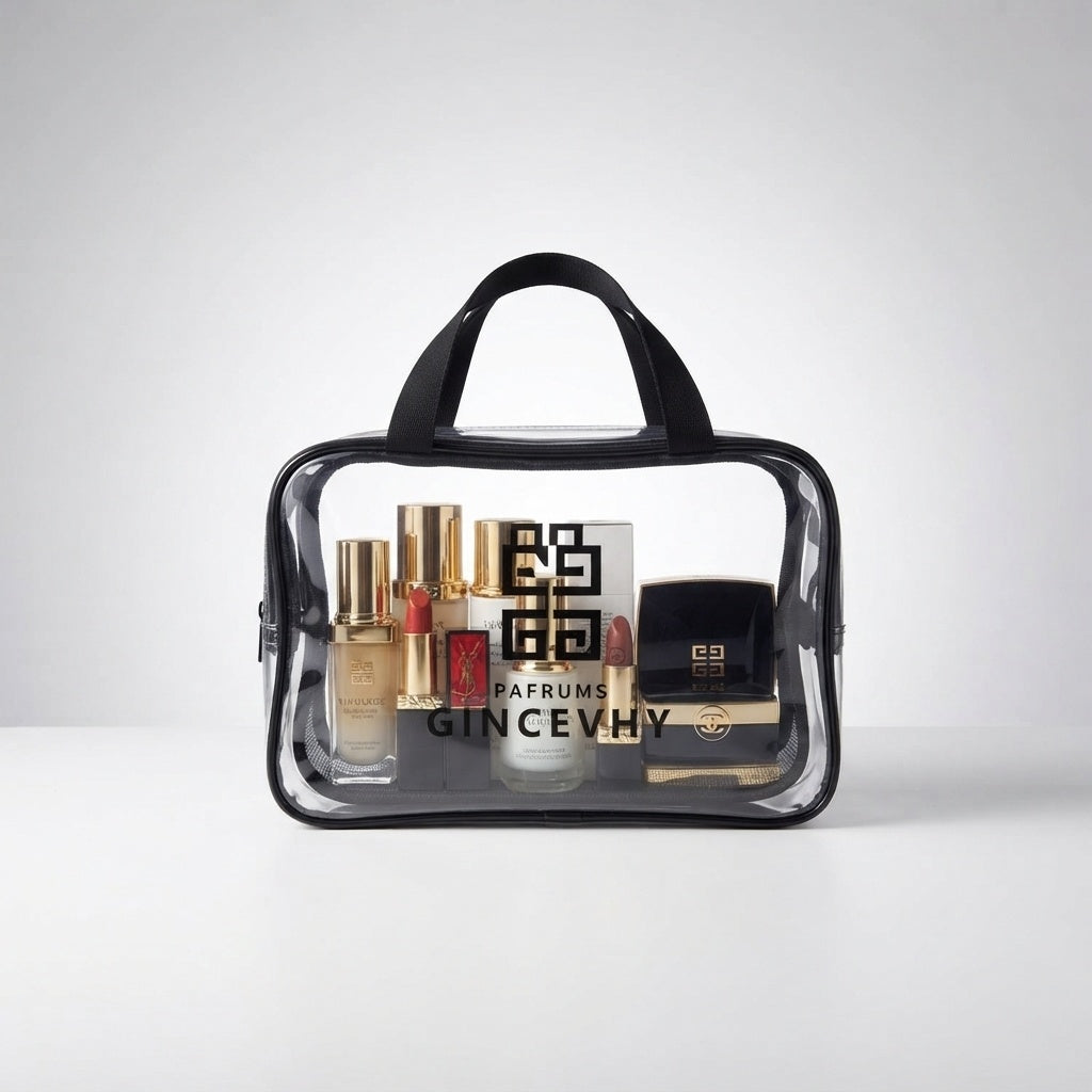 Transparent PVC cosmetic bag with black top handles and zipper