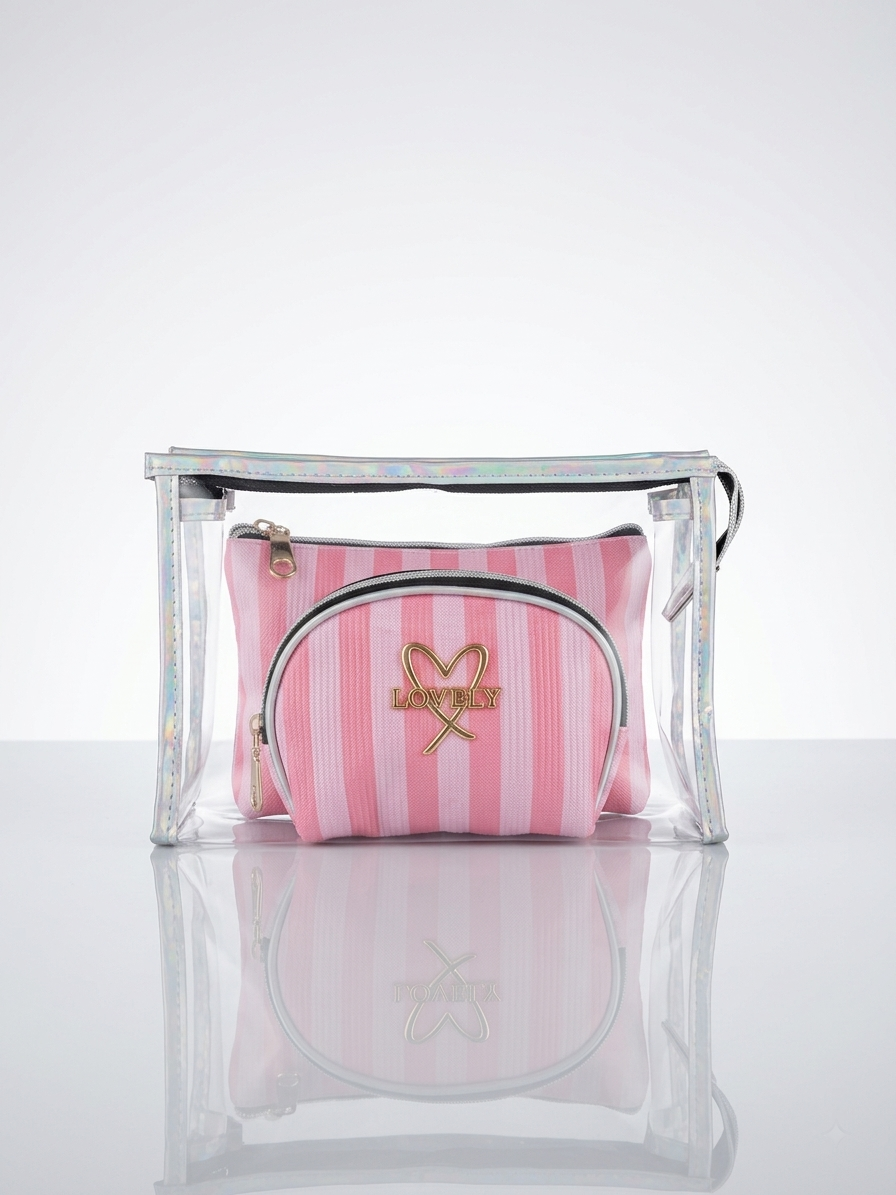 Transparent cosmetic bag set with pink striped zip pouch centered in clear organizer
