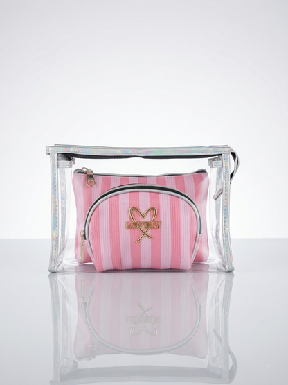 Transparent cosmetic bag set with pink striped zip pouch centered in clear organizer