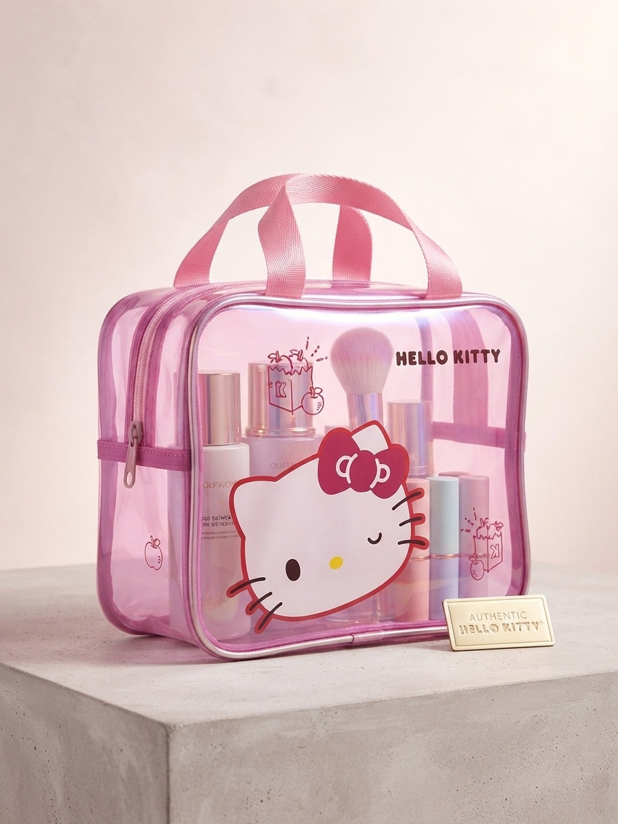 Transparent pink cosmetic travel bag with Hello Kitty graphic and top handles