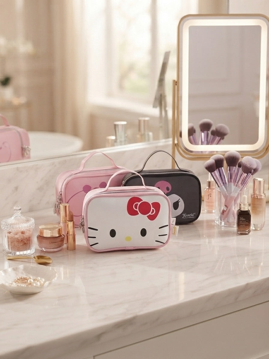 Hello Kitty and Kuromi cosmetic pouches with top handles, set