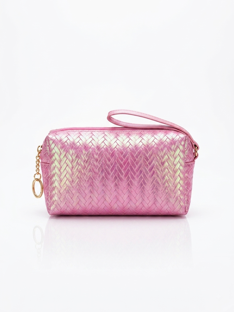 Iridescent woven makeup pouch in pale pink with braided texture and side zipper