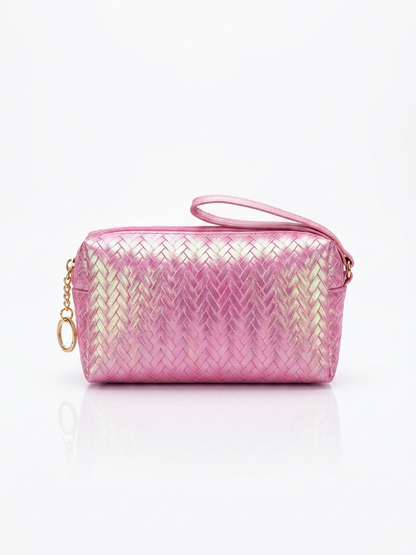 Iridescent woven makeup pouch in pale pink with braided texture and side zipper