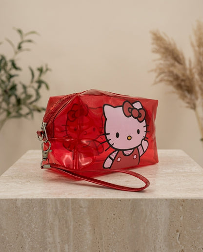 Red translucent cosmetic pouch with Hello Kitty bow and wristlet strap