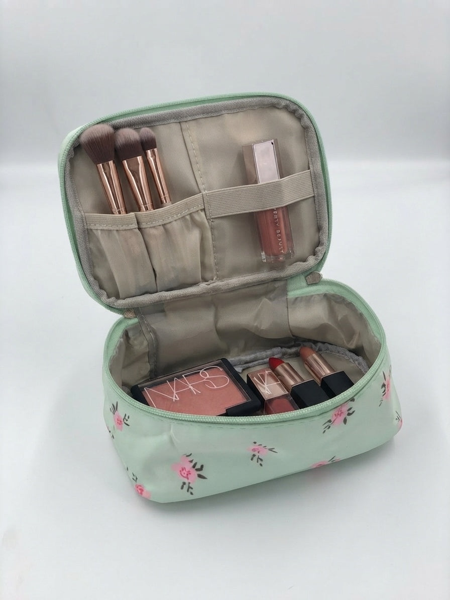 Mint floral quilted double-layer organizer bag open, with makeup brushes and bottles inside.