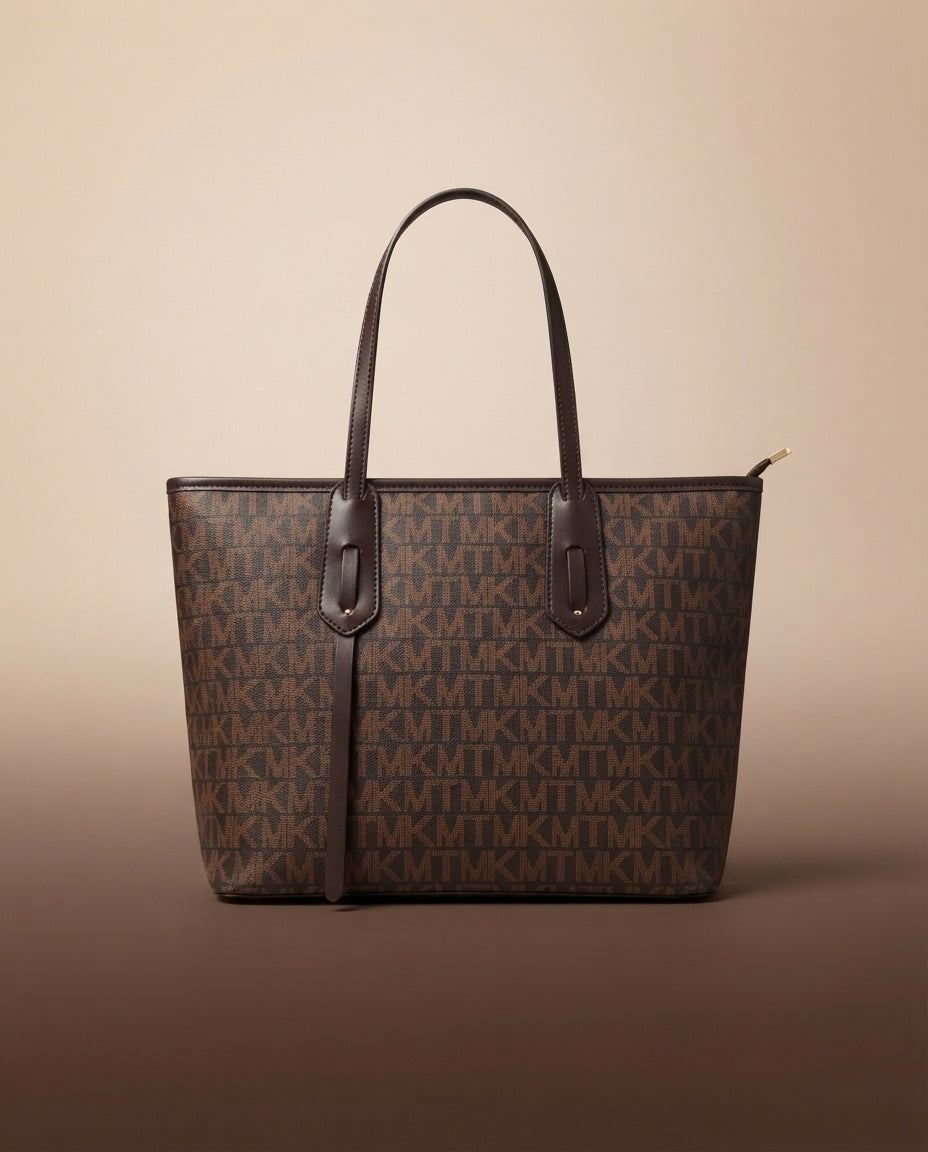 Structured tote bag with repeating logo print and dark shoulder handles