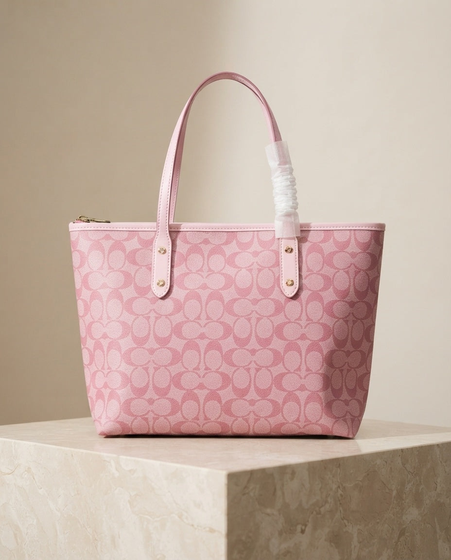 Pink monogram structured tote bag with light handles