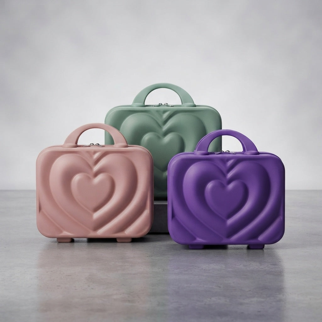 Triple heart embossed hard-shell beauty box set, pink, green and purple with handles