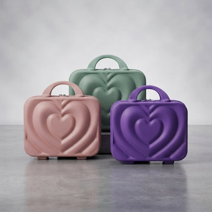 Triple heart embossed hard-shell beauty box set, pink, green and purple with handles