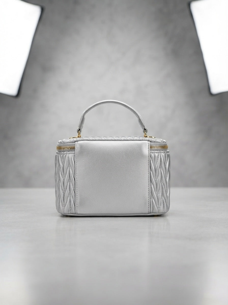 miu miu Matelassé leather vanity cosmetic case in silver, front view