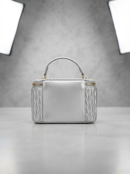 miu miu Matelassé leather vanity cosmetic case in silver, front view