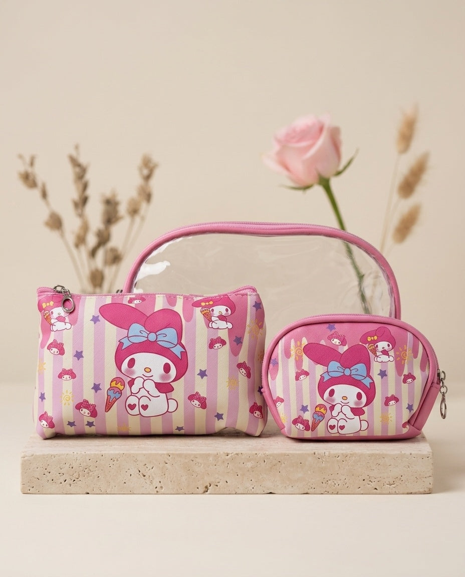 Nested clear cosmetic pouch set with Kuromi-style pink character print, two-piece