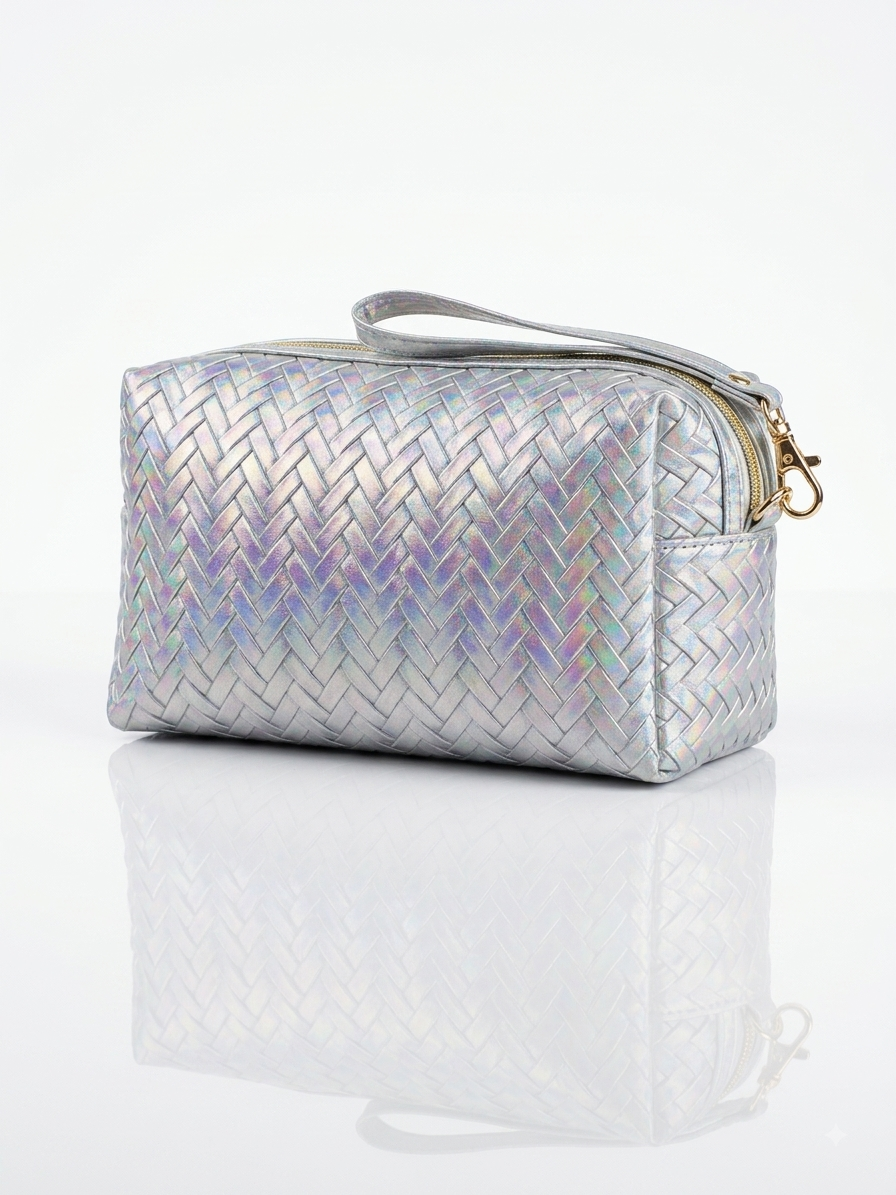 Iridescent woven makeup pouch in silver with shoulder strap and zipper, heart detail