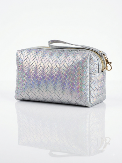 Iridescent woven makeup pouch in silver with shoulder strap and zipper, heart detail