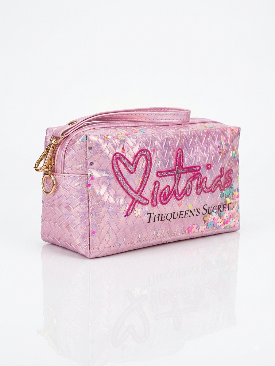 Iridescent woven makeup pouch in pink with pink heart logo, top zipper and wrist strap