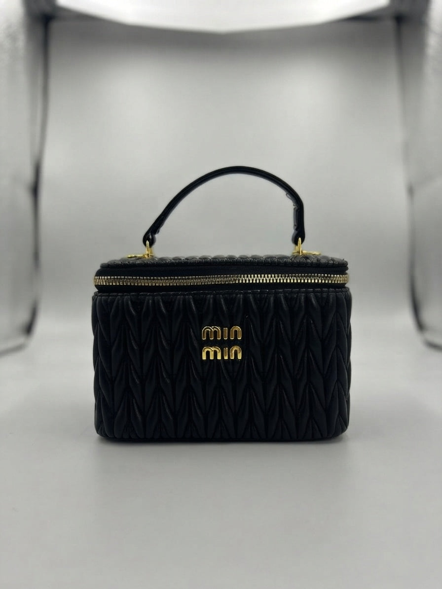 miu miu matelassé leather vanity cosmetic case in black with top handle