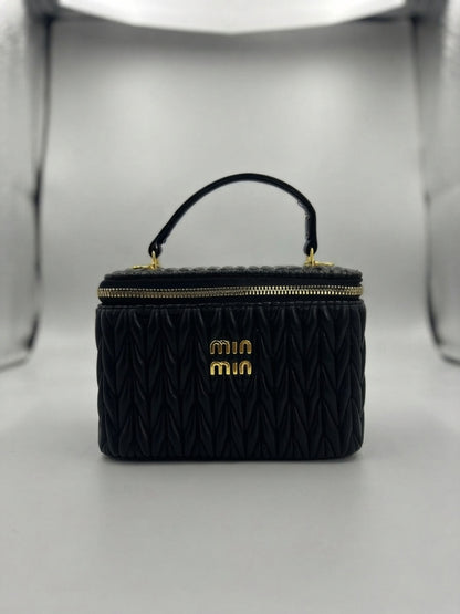 miu miu matelassé leather vanity cosmetic case in black with top handle