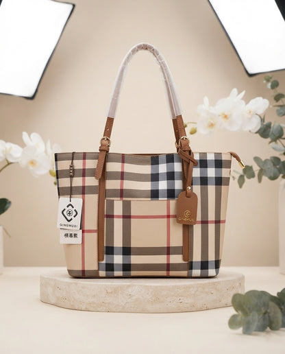 Beige plaid structured tote with brown handles and hanging tag charm