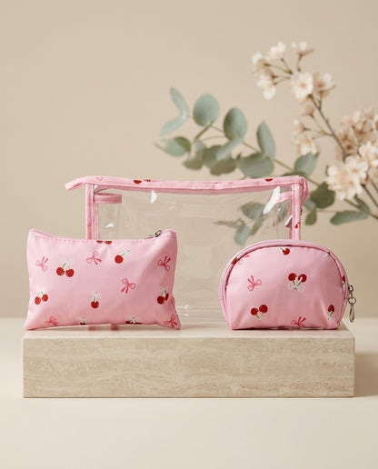 Pink cherry-print cosmetic pouch set with clear organizer bag, rectangular pouch, and mini pouch