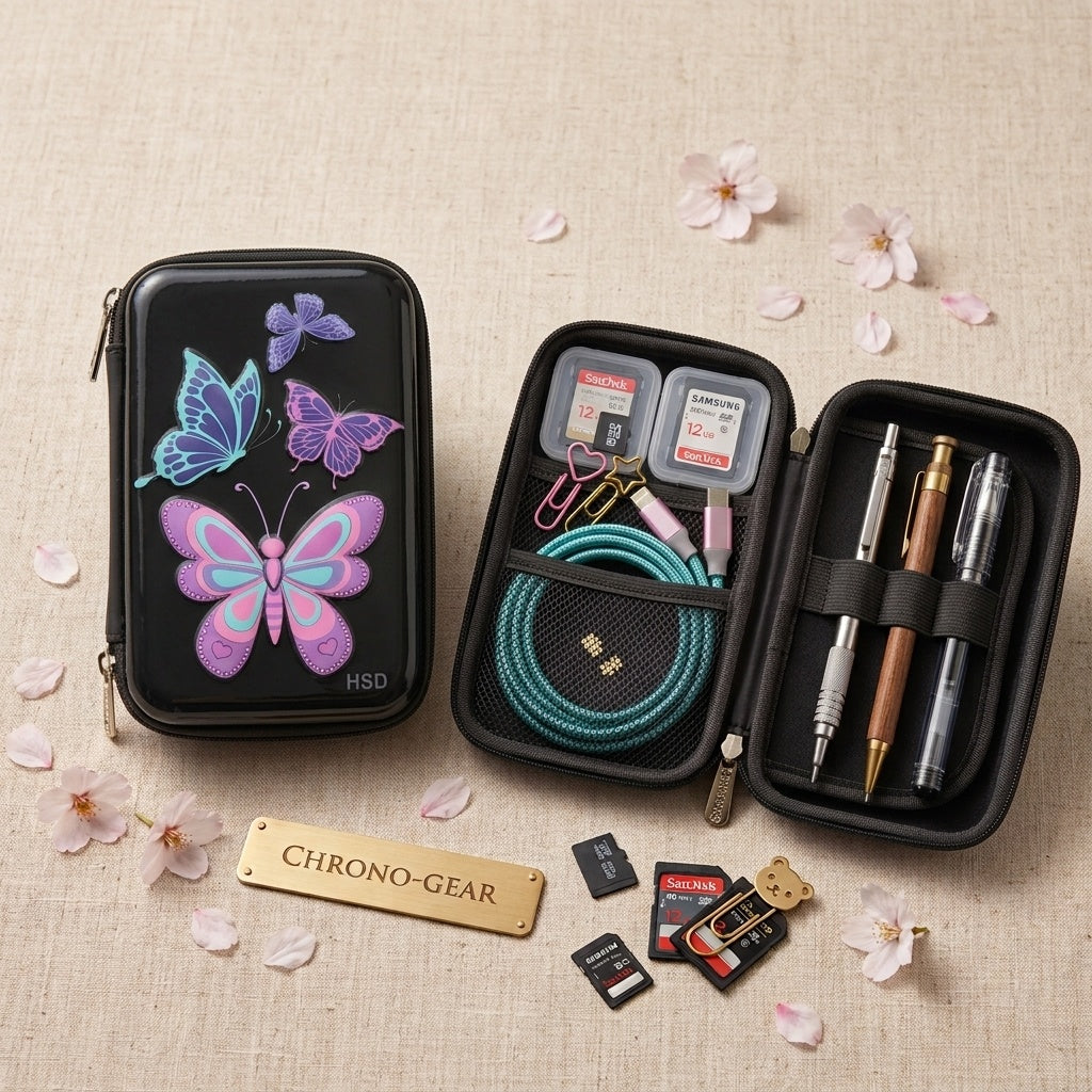 Black hard-shell organizer case with 3D butterfly graphic and multi-compartments
