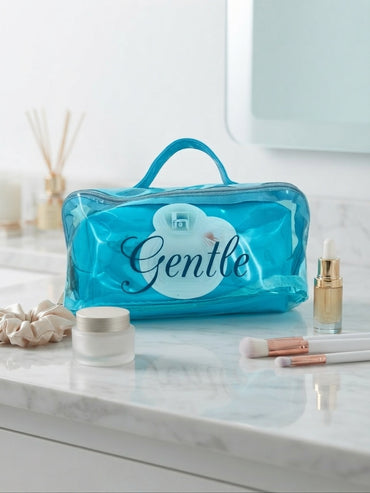 Blue transparent cosmetic bag with top handle, 'Gentle' script, and round badge.