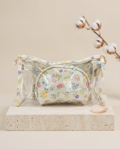 Clear floral pouch set with large zip pouch and small zip pouch in front