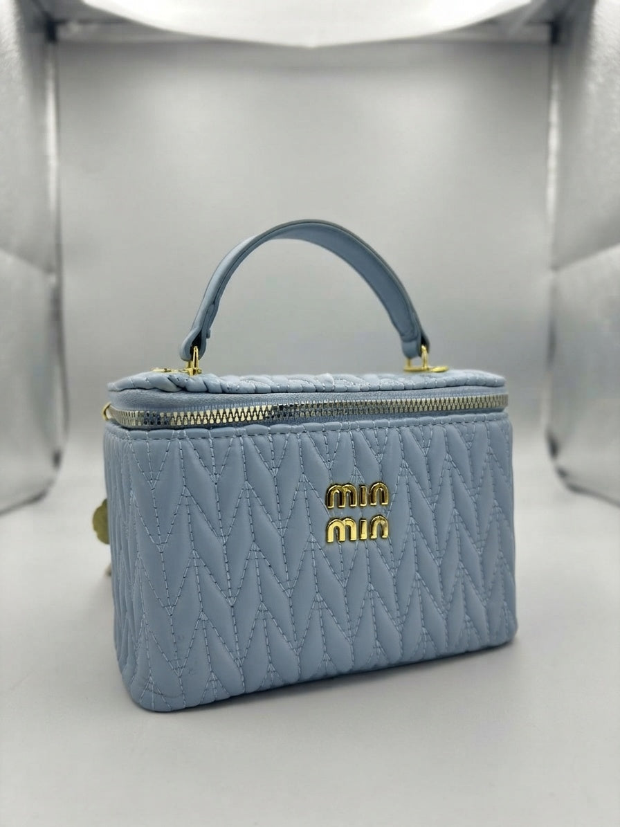 miu miu blue matelassé leather vanity cosmetic case with top handle