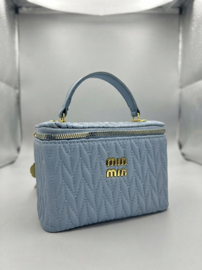 miu miu blue matelassé leather vanity cosmetic case with top handle