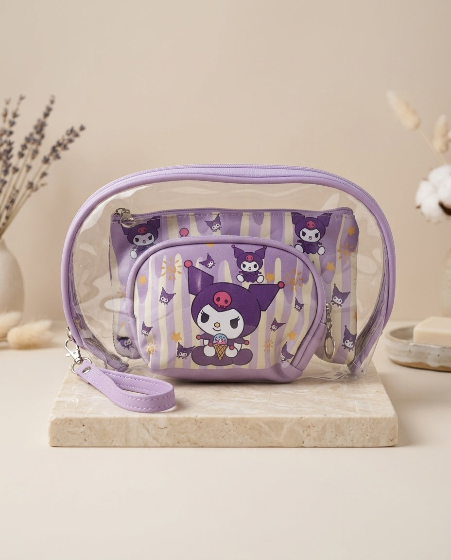 Nested clear cosmetic pouch set with Kuromi purple character print and wrist strap