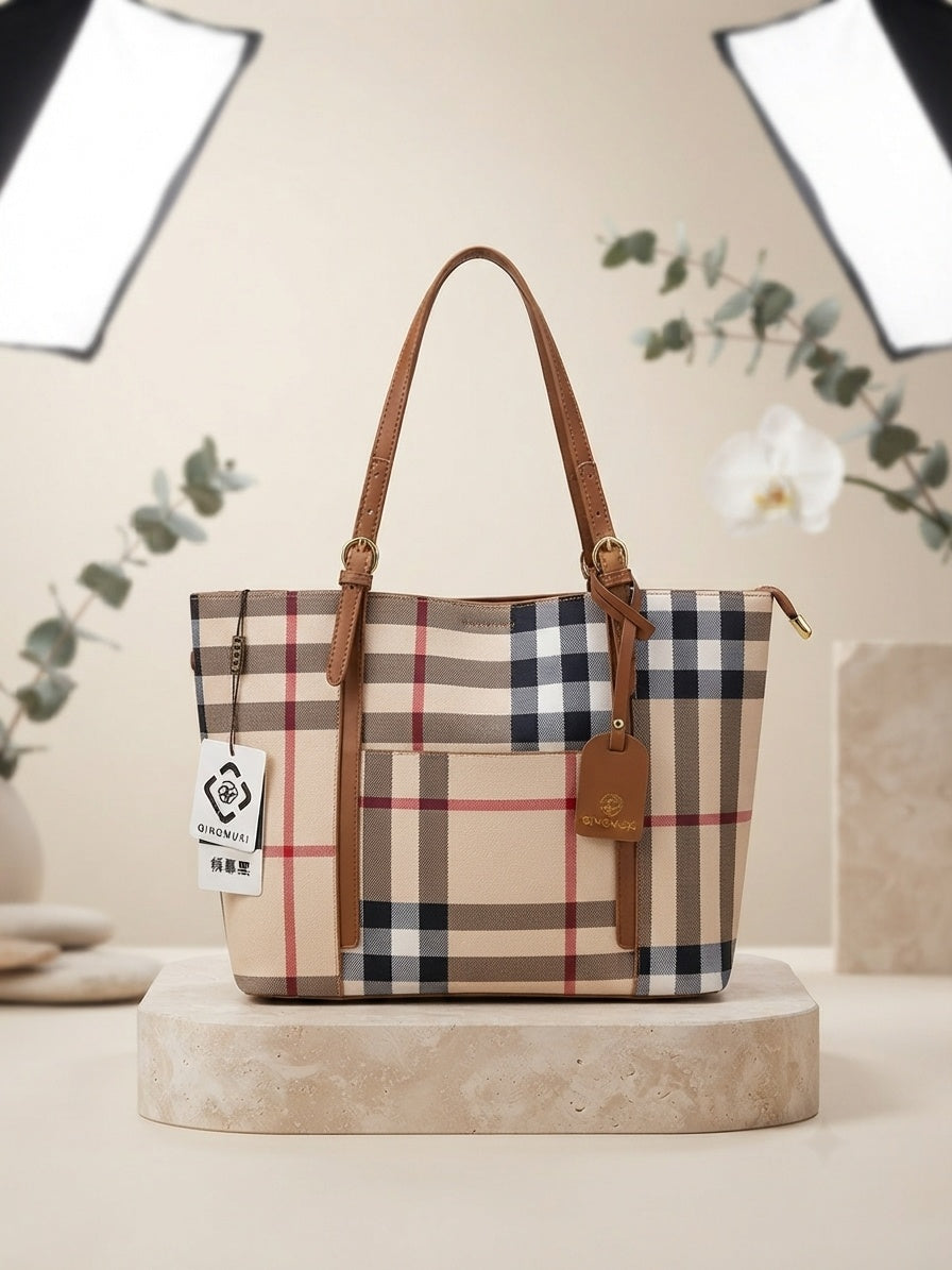 Beige plaid tote bag with brown handles and hanging tag charm