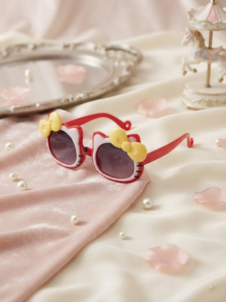 Kids cat-style sunglasses with dark lenses, red frame, and yellow bow accents