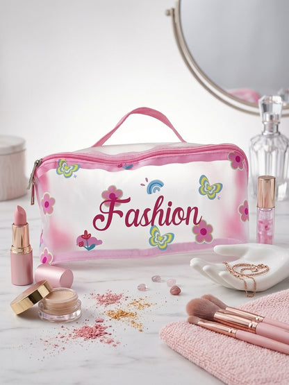 Pink transparent cosmetic bag with top handle, 'Fashion' print and floral icons
